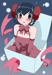  ayukawa_tenri bare_shoulders black_hair blue_eyes blush bow box breasts cleavage dress elbow_gloves gloves hair_bow hair_rings highres in_box in_container kami_nomi_zo_shiru_sekai red_dress red_gloves ribbon sin-am small_breasts snow solo 