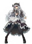  aiming_at_viewer eyepatch flat_chest gun holding holding_gun holding_weapon infinite_stratos kst69 laura_bodewig long_hair maid red_eyes silver_hair solo standing thighhighs weapon white_background 
