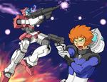  beam_rifle damaged energy_gun genoace gun gundam gundam_age helmet largan_drace mecha orange_hair pilot_suit space sunglasses weapon 