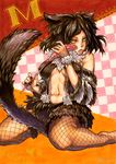  animal_ears between_legs black_hair cat_ears checkered checkered_background fishnet_pantyhose fishnets fur kneeling marker_(medium) nabeya_sakihana nail_polish navel original pantyhose short_hair signature slit_pupils solo tail tail_between_legs tongue tongue_out traditional_media yellow_eyes 