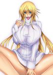 1girl amano_mokuzu blonde blonde_hair blue_eyes bottomless breasts condom condom_in_mouth covering covering_crotch covering_pussy curvy female huge_breasts legs long_hair mound_of_venus mouth_hold no_panties simple_background solo spread_legs sweater thick_thighs thighs umino_mokuzu_(a4_size) white_background 