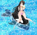  akiyama_mio barefoot bikini black_eyes black_hair blush breasts hime_cut inflatable_toy k-on! long_hair medium_breasts nihility orca sitting soaking_feet solo striped striped_bikini swimsuit 