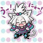  animal_ears cat_ears chibi fang freckles hair_bobbles hair_ornament homika_(pokemon) kemonomimi_mode open_mouth pokemon pokemon_(game) pokemon_bw2 sleeves_past_wrists smile solo striped topknot translation_request white_hair yanagi_(nurikoboshi) 