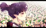  bangs black_hair blunt_bangs bo_(flageolet) colorized daisy dirty earrings eyeshadow face field flower flower_field gatma inuyasha japanese_clothes jewelry jitome kagura_(inuyasha) kimono letterboxed light_smile lipstick makeup pointy_ears ponytail profile red_lipstick short_hair solo spoilers yukata 