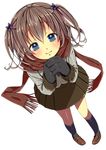  bad_id bad_pixiv_id blue_eyes blush brown_hair from_above full_body gloves hair_ornament hands_together light_smile loafers original own_hands_together scarf shoes short_hair short_twintails simple_background skirt smile solo twintails white_background yadapot 