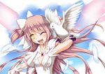  animal bird bow gloves kaname_madoka long_hair mahou_shoujo_madoka_magica pink_hair sky tjk wings wink yellow_eyes 
