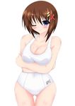  bare_shoulders blue_eyes blush breast_hold breasts brown_hair cleavage crossed_arms hair_ornament hairclip kannagi_tsukasa large_breasts looking_at_viewer lyrical_nanoha mahou_shoujo_lyrical_nanoha_strikers one-piece_swimsuit one_eye_closed school_swimsuit smile solo swimsuit thigh_gap white_background white_school_swimsuit white_swimsuit x_hair_ornament yagami_hayate 