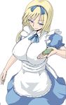  alice_(wonderland) alice_in_wonderland blonde_hair blue_eyes blush_stickers breasts covered_nipples giantess large_breasts long_hair simple_background smile solo terada_ochiko white_background 