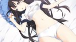  :o bed_sheet black_hair blue_eyes bow bow_panties bra frilled_pillow frills game_cg highres jiyu2 jpeg_artifacts koisuru_otome_no_oshioki_jugyou kuroi_makoto lingerie long_hair lying navel on_back panties pillow shirt_lift solo underwear white_panties 