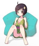  araragi_tsukihi barefoot bean_bag_chair black_eyes black_hair blush bob_cut breasts cleavage comcom expressionless japanese_clothes kimono monogatari_(series) nisemonogatari no_panties open_clothes short_hair short_kimono sitting small_breasts solo 