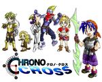  3girls bandana blonde_hair blue_eyes blue_hair chrono_cross chrono_trigger copyright_name cyborg double-blade glenn green_hair grobyc high_ponytail kid_(chrono_cross) leah luccia_(chrono_cross) multi-tied_hair multiple_boys multiple_girls parody ponytail purple_hair serge simple_background style_parody white_background 