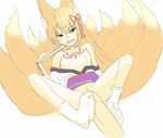  animal_ears artist_request blonde_hair blush bow fan fangs feet footjob fox_ears functionally_nude green_eyes hair_bow kitsune long_hair markings mon-musu_quest! monster_girl multiple_tails open_mouth pov pussy simple_background small_breasts socks spread_legs tail tamamo_(mon-musu_quest!) translation_request uncensored wizard898 