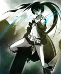  92kuni92 bad_id bad_pixiv_id belt black_hair black_rock_shooter black_rock_shooter_(character) blue_eyes fire flame highres long_hair midriff navel scar shorts solo stitches twintails 