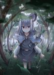  animal_ears bad_id bad_pixiv_id capelet dowsing_rod grass grey_hair highres jewelry miyaoi mouse_ears mouse_tail nazrin pendant red_eyes short_hair skirt solo tail touhou tree 