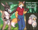  anthro balls biped bulge canid canine chastity_cage clothed clothing collar comic dialogue dipstick_tail dripping dripping_urine duo english_text eyebrows flaccid fox fully_clothed fur hair humanoid_hands humanoid_penis jeans lagomorph leash male mammal multicolored_tail navel nude outside pants peeing penis petplay rabbit red_fox roleplay shirt skelbely standing text uncut urine watersports 