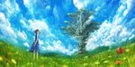  blue castle cloud day field flower grey_hair landscape original sakimori_(hououbds) scenery short_hair sky solo tree 