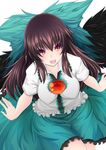  bow breasts brown_hair hair_bow inu3 large_breasts long_hair open_mouth red_eyes reiuji_utsuho skirt smile solo third_eye touhou wings 