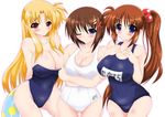  arms_behind_back bare_shoulders blonde_hair blue_eyes blush breast_hold breasts brown_hair cameltoe cleavage crossed_arms fate_testarossa hair_bobbles hair_ornament hairclip highleg highleg_swimsuit innertube kannagi_tsukasa large_breasts long_hair looking_at_viewer lyrical_nanoha mahou_shoujo_lyrical_nanoha_strikers multiple_girls one-piece_swimsuit one_eye_closed red_eyes school_swimsuit side_ponytail smile swimsuit takamachi_nanoha thigh_gap white_background white_school_swimsuit white_swimsuit x_hair_ornament yagami_hayate 