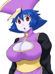  blue_hair blue_skin breasts chinese_clothes cleavage cleavage_cutout flipped_hair huge_breasts jiangshi lei_lei ofuda red_eyes short_hair solo tsukudani_(coke-buta) vampire_(game) 