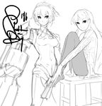  aegis_(persona) amagi_yukiko android arm_cannon eu03 greyscale leg_hug long_hair monochrome multiple_girls pantyhose persona persona_3 persona_4 short_hair sketch weapon 