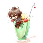  :o amnesia_(idea_factory) black_hair boots cherry chibi food fruit full_body gloves ice_cream jacket male_focus pants parfait red_eyes shin_(amnesia) solo spoon white_background yu-yake-red 