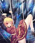  arms_up blonde_hair bow corvette_(ko_ru) dress entangled hair_bow kurodani_yamame one_eye_closed open_mouth outstretched_arms ponytail red_eyes shoes short_hair silk solo spider_web spread_legs touhou 
