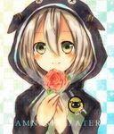  amnesia_(idea_factory) bad_id bad_pixiv_id copyright_name flower green_eyes grey_hair hood male_focus nonko orion_(amnesia) pink_flower pink_rose rose smile solo 