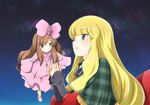  blanket blonde_hair blue_eyes bow brown_hair cross cross_necklace dress hair_bow jewelry kami_nomi_zo_shiru_sekai kujou_tsukiyo long_hair luna_(kaminomi) multiple_girls necklace night night_sky plaid purple_eyes sky star_(sky) starry_sky very_long_hair yuto_(dialique) 