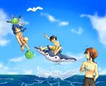  1girl 2boys closed_eyes crystal_(pokemon) food gen_2_pokemon gen_3_pokemon gold_(pokemon) grin gulpin hand_on_hip holding male_swimwear mantine multiple_boys natu ocean pokemon pokemon_(creature) pokemon_special ponytail popsicle shirtless silver_(pokemon) smile swim_trunks swimsuit swimwear tankini tubomizaki water wingull 