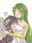  !? 1boy 1girl angel blush breasts crown dark_pit eyes_closed goddess green_hair hug jewelry kid_icarus kid_icarus_uprising lots_of_jewelry nintendo no_humans o_o palutena red_eyes simple_background surprised tunic wings wreath 