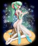  1girl artist_request ass blush bow feet gardevoir green_hair highres legs looking_back miharin nintendo personification pokemon red_eyes ribbon tall toes 