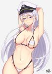  1girl absurdres armpits arms_up azur_lane band-width bikini blush breasts cameltoe collarbone cowboy_shot enterprise_(azur_lane) erect_nipples eyebrows_visible_through_hair gluteal_fold grey_background hair_between_eyes hat highres long_hair looking_at_viewer medium_breasts midriff military_hat navel purple_eyes signature silver_hair simple_background smile solo straight_hair string_bikini swimsuit white_hat 