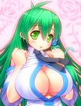  asamura_hiori breasts center_opening cleavage detached_sleeves fang green_eyes green_hair highres huge_breasts kochiya_sanae long_hair necktie open_mouth smile snake solo touhou upper_body 