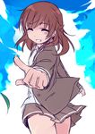  bad_id bad_pixiv_id bare_legs blazer blue_sky brown_eyes brown_hair closed_eyes grin happy jacket kyouno_madoka maru_(lagrange) mizuki_(koko_lost) open_clothes open_jacket pleated_skirt pointing pointing_at_viewer rinne_no_lagrange school_uniform skirt sky smile 