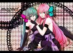  arm_garter arm_support bare_shoulders bug butterfly checkered checkered_background choker dress elbow_gloves fingerless_gloves gloves green_eyes green_hair hatsune_miku headphones insect lace lace-trimmed_thighhighs letterboxed long_hair magnet_(vocaloid) megurine_luka multiple_girls open_mouth pink_hair sakura_(0tjagjmgptjm) sitting strapless strapless_dress thighhighs twintails very_long_hair vocaloid 