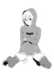  ass breast_hold breasts greyscale highres hood hoodie kneeling looking_at_viewer monochrome no_shoes open_mouth original simple_background solo thighhighs tosh_(imonade_ryouchou) 