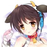  animal_ears animal_print bare_shoulders bell bell_collar black_hair blush bottle brown_eyes collar cow_bell cow_ears cow_horns cow_print face fake_animal_ears gloves headset horns idolmaster idolmaster_cinderella_girls milk_bottle oikawa_shizuku pink_gloves rei_(rei's_room) short_hair solo tongue tongue_out 