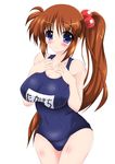  bare_shoulders blue_eyes blush breasts brown_hair hair_bobbles hair_ornament kannagi_tsukasa large_breasts long_hair looking_at_viewer lyrical_nanoha mahou_shoujo_lyrical_nanoha_strikers one-piece_swimsuit school_swimsuit side_ponytail solo swimsuit takamachi_nanoha white_background 