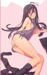  1girl ahoge areolae backless_outfit black_hair black_legwear black_ribbon black_skirt breasts covering covering_crotch danganronpa danganronpa_1 fukawa_touko glasses grey_eyes grey_sweater hair_between_eyes highres long_hair looking_at_viewer lying medium_breasts meme_attire mole mole_under_mouth on_side piza_rokumai pleated_skirt pussy_juice ribbed_sweater ribbon shiny shiny_skin sideboob skirt skirt_removed solo sweater thighhighs_removed turtleneck turtleneck_sweater very_long_hair virgin_killer_sweater 