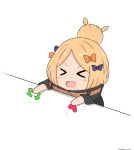  &gt;_&lt; 1girl :d abigail_williams_(fate/grand_order) atsumisu bangs black_bow black_jacket blonde_hair blue_eyes blush_stickers bow chibi commentary_request directional_arrow eyebrows_visible_through_hair eyes_closed facing_viewer fate/grand_order fate_(series) forehead hair_bow hair_bun heart heroic_spirit_traveling_outfit highres jacket long_hair long_sleeves open_mouth orange_bow parted_bangs polka_dot polka_dot_bow smile solo twitter twitter_username v-shaped_eyebrows white_background xd 