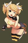  absurdres bare_shoulders belt bikini_top blonde_hair blue_eyes boots bow breasts collar cross fingerless_gloves full_body gloves hair_bow hair_ornament hairclip high_heels highres kagamine_rin mikumikudance navel one_eye_closed open_mouth paw_pose penguin_caee shoes short_hair shorts simple_background small_breasts solo striped striped_legwear thighhighs twintails vocaloid 