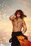  1boy bandanna copyright_name facial_hair final_fantasy final_fantasy_x goatee jecht long_hair male male_focus muscle no_armor photorealistic realistic scar shirtless solo tattoo title_drop 