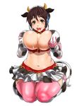  animal_ears animal_print bell bell_collar breasts brown_eyes brown_hair collar cow_bell cow_ears cow_horns cow_print cow_tail elbow_gloves gloves headset horns idolmaster idolmaster_cinderella_girls kouta_(artist) large_breasts oikawa_shizuku open_mouth solo tail thighhighs 