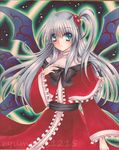  blue_eyes capelet dress hair_bobbles hair_ornament long_hair purple_wings red_capelet ryumaira shikishi shinki side_ponytail silver_hair smile solo touhou touhou_(pc-98) traditional_media wings 