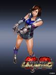  belt breasts brown_eyes brown_hair center_opening elbow_gloves elbow_pads gloves grin junny kazama_asuka large_breasts legs namco official_art open_clothes short_hair shorts smile solo tekken tekken_tag_tournament_2 thighs 