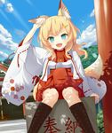  :d animal_ears bell blonde_hair blue_eyes blue_sky boots box cloud cross-laced_footwear day donation_box fangs fox_ears fox_tail hair_ornament hairclip hand_on_ear japanese_clothes knee_boots lace-up_boots long_hair long_sleeves miko msa open_mouth original shrine sitting sky smile solo tail tree wide_sleeves 