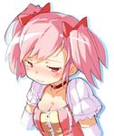  blush breasts choker cleavage comcom elbow_gloves embarrassed gloves hair_ribbon kaname_madoka large_breasts magical_girl mahou_shoujo_madoka_magica nose_blush pink_eyes pink_hair puffy_sleeves ribbon short_twintails simple_background solo tears twintails upper_body white_background 
