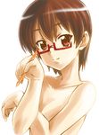  breast_hold breasts brown_hair cleavage covering glasses k-on! light_smile manabe_nodoka mechanical_pencil mikage_nao nude pencil red-framed_eyewear red_eyes short_hair small_breasts solo upper_body 