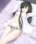 ;o arms_up bass_clef black_hair blush frilled_pillow frills grey_eyes groin highres long_hair lying navel on_back one_eye_closed open_clothes open_mouth open_shirt original panties piano_keys piano_print pillow print_panties ricegnat shirt solo tears treble_clef underwear waking_up 