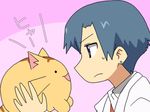  animal blue_eyes blue_hair cat crossover earrings eye_contact holding jewelry labcoat looking_at_another nakamura_kana nichijou pink_background poyo_(poyopoyo_kansatsu_nikki) poyopoyo_kansatsu_nikki profile short_hair simple_background sweatdrop wanta_(futoshi) 